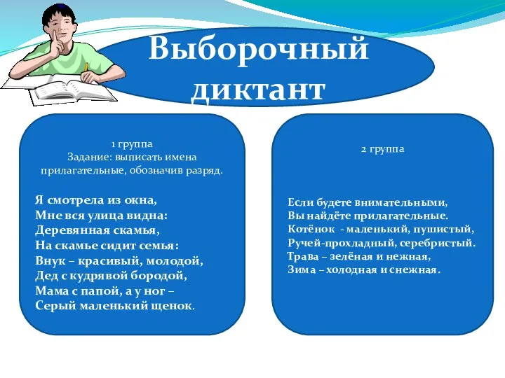 Выборочный диктант 1 группа Задание: выписать имена прилагательные, обозначив разряд. Я смотрела