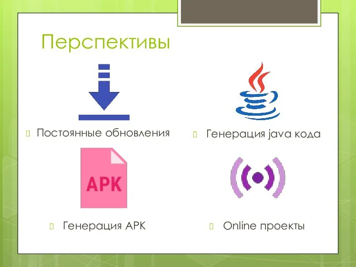 Перспективы Постоянные обновления Генерация java кода Генерация APK Online проекты