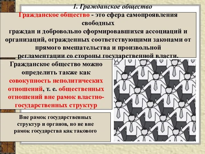 1. Гражданское общество Гражданское общество - это сфера самопроявления свободных граждан и