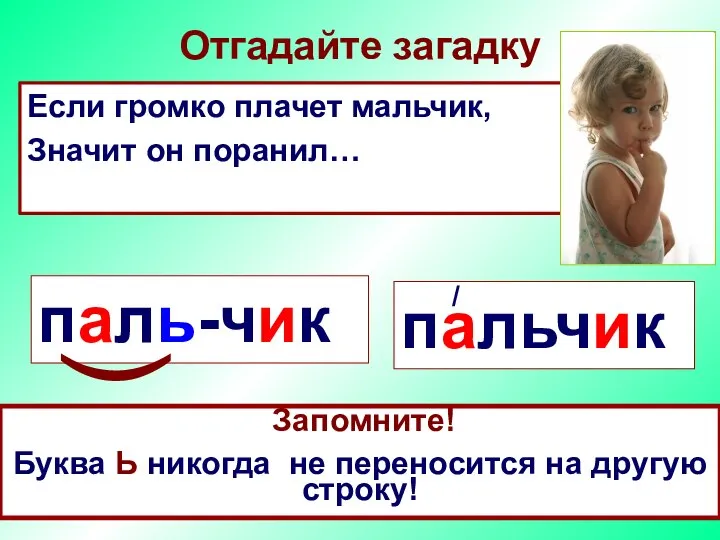 Отгадайте загадку Если громко плачет мальчик, Значит он поранил… пальчик / Какое