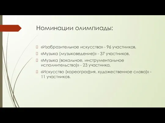 Номинации олимпиады: «Изобразительное искусство» - 96 участников, «Музыка (музыковедение)» - 37 участников,