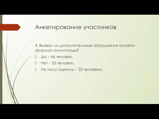 Анкетирование участников 4. Вызвал ли дополнительные затруднения онлайн-формат олимпиады? Да – 46