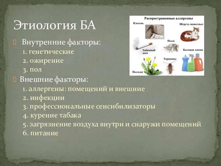 Внутренние факторы: 1. генетические 2. ожирение 3. пол Внешние факторы: 1. аллергены: