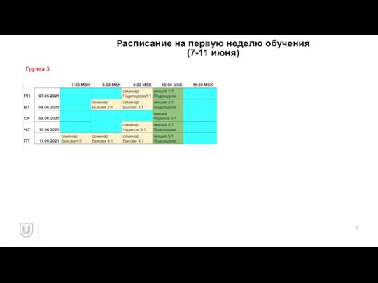 Расписание на первую неделю обучения (7-11 июня) Группа 3