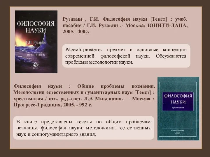 Рассматривается предмет и основные концепции современной философской науки. Обсуждаются проблемы методологии науки.