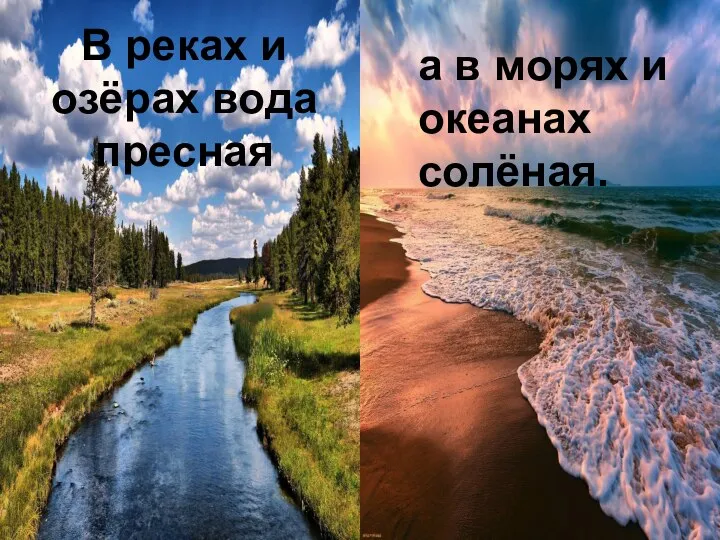 В реках и озёрах вода пресная а в морях и океанах солёная.