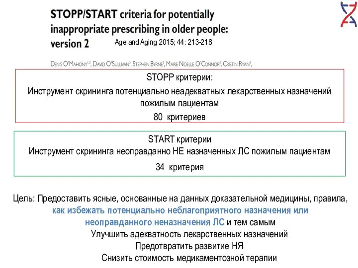 STАRT критерии Инструмент скрининга неоправданно НЕ назначенных ЛС пожилым пациентам 34 критерия