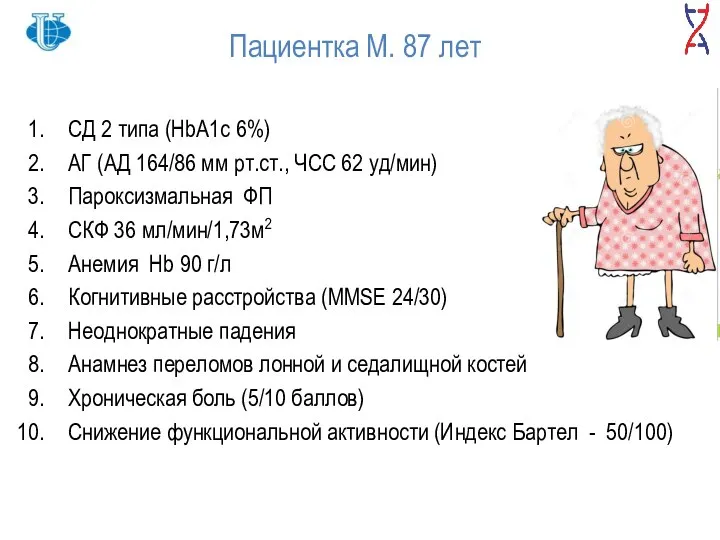 Пациентка М. 87 лет СД 2 типа (HbA1c 6%) АГ (АД 164/86
