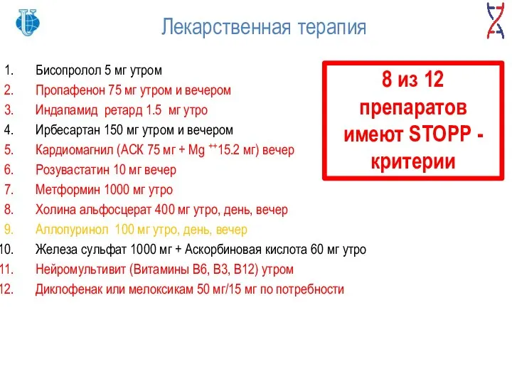 Лекарственная терапия Бисопролол 5 мг утром Пропафенон 75 мг утром и вечером