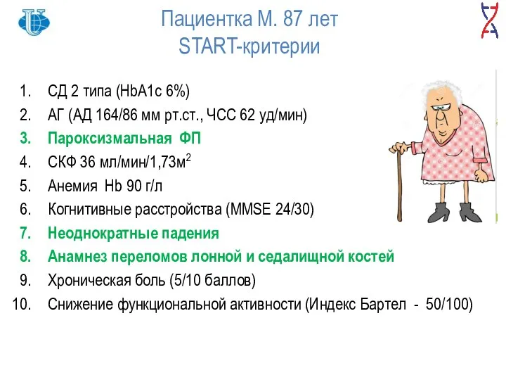 Пациентка М. 87 лет START-критерии СД 2 типа (HbA1c 6%) АГ (АД