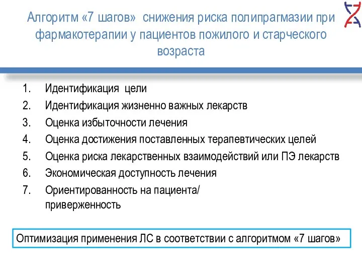 Алгоритм «7 шагов» снижения риска полипрагмазии при фармакотерапии у пациентов пожилого и