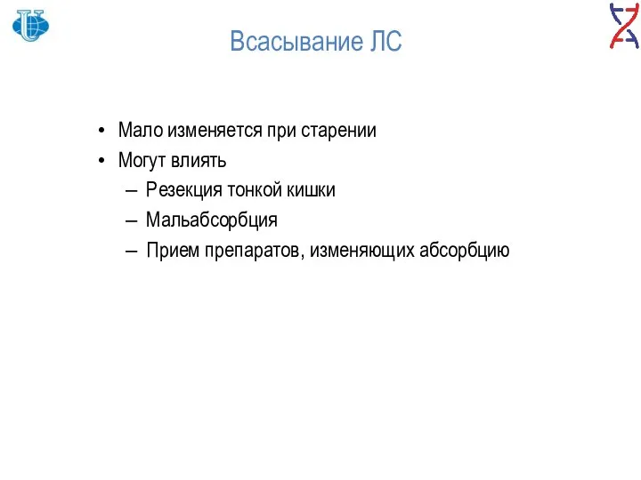 Всасывание ЛС Мало изменяется при старении Могут влиять Резекция тонкой кишки Мальабсорбция Прием препаратов, изменяющих абсорбцию