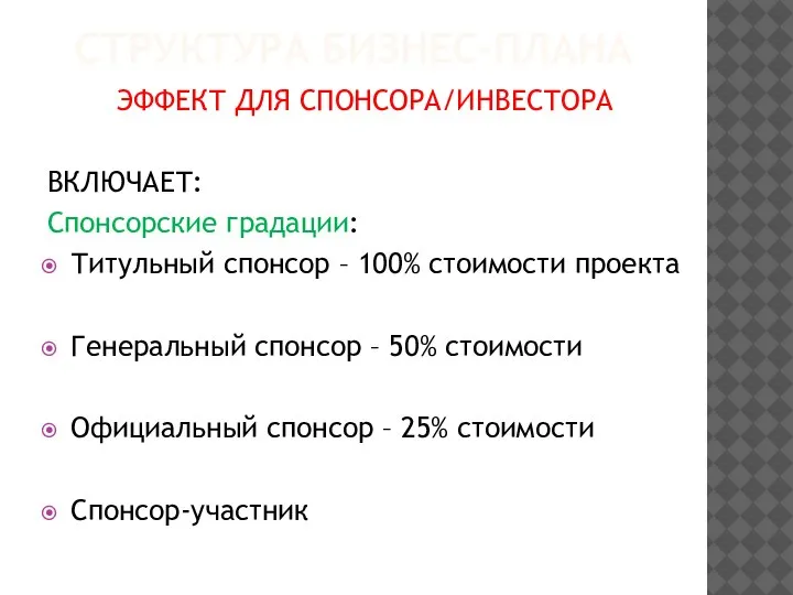 СТРУКТУРА БИЗНЕС-ПЛАНА ЭФФЕКТ ДЛЯ СПОНСОРА/ИНВЕСТОРА ВКЛЮЧАЕТ: Спонсорские градации: Титульный спонсор – 100%