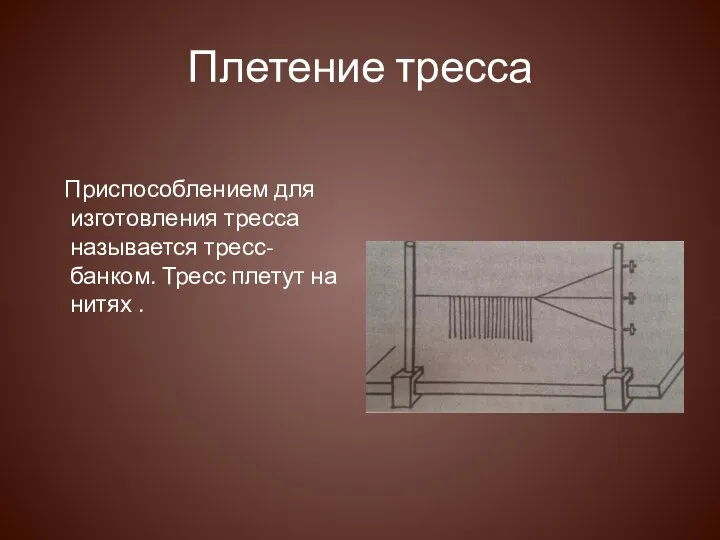 Плетение тресса Приспособлением для изготовления тресса называется тресс-банком. Тресс плетут на нитях .