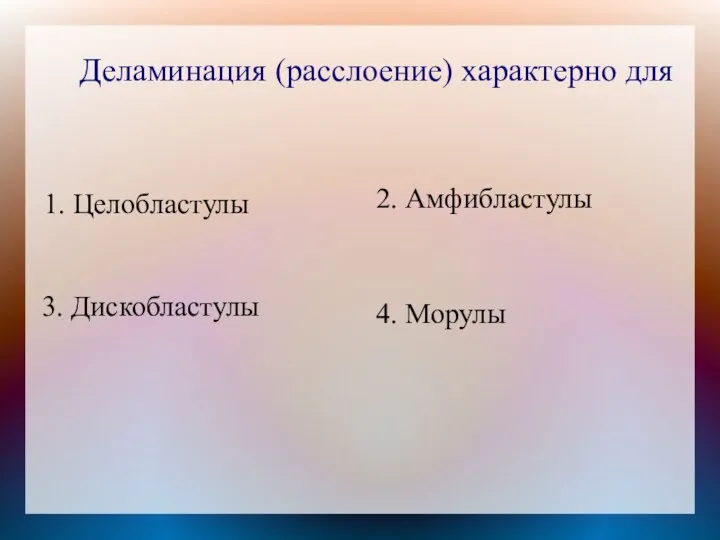 Деламинация (расслоение) характерно для 1. Целобластулы 2. Амфибластулы 4. Морулы 3. Дискобластулы