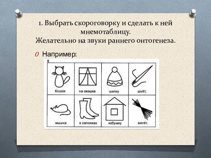 1. Выбрать скороговорку и сделать к ней мнемотаблицу. Желательно на звуки раннего онтогенеза. Например: