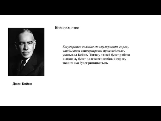 Кейнсианство Джон Кейнс Государство должно стимулировать спрос, чтобы тот стимулировал производство, указывал