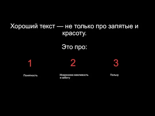 1 Понятность Искреннюю вежливость и заботу Пользу 2 3 Хороший текст —