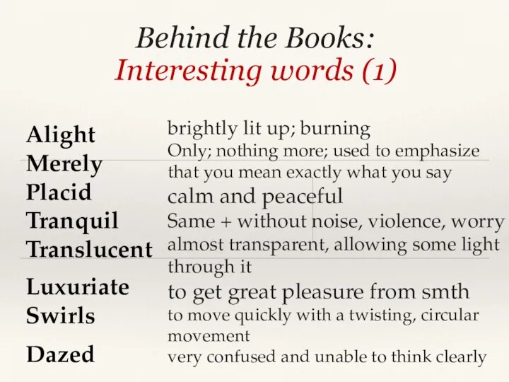 Behind the Books: Interesting words (1) Alight Merely Placid Tranquil Translucent Luxuriate