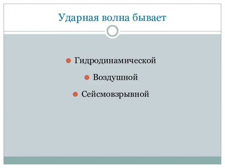 Ударная волна бывает Гидродинамической Воздушной Сейсмовзрывной