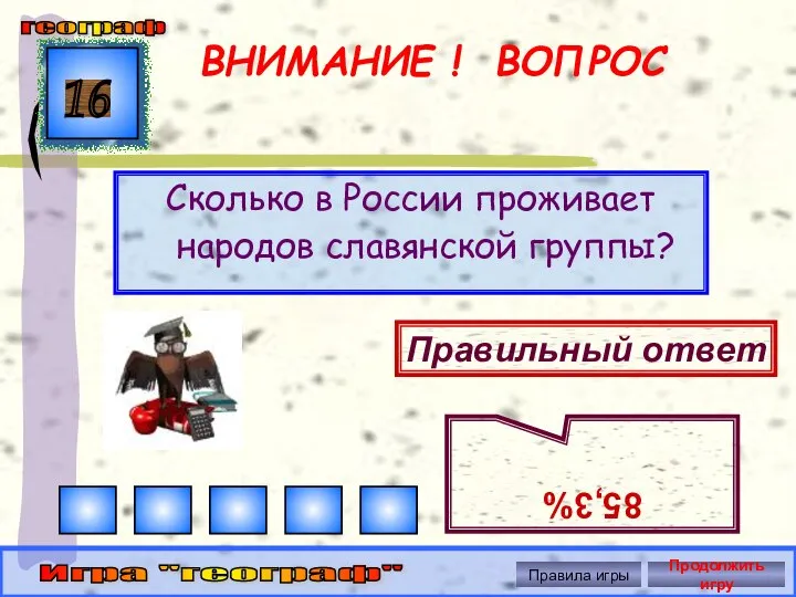 ВНИМАНИЕ ! ВОПРОС Сколько в России проживает народов славянской группы? 16 Правильный