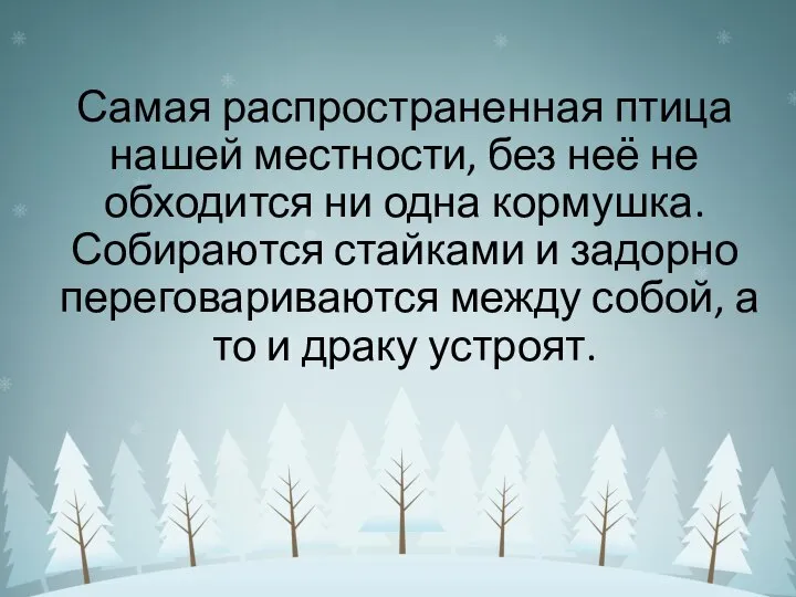 Самая распространенная птица нашей местности, без неё не обходится ни одна кормушка.