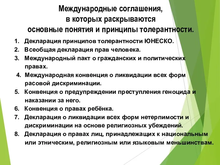 Международные соглашения, в которых раскрываются основные понятия и принципы толерантности. Декларация принципов