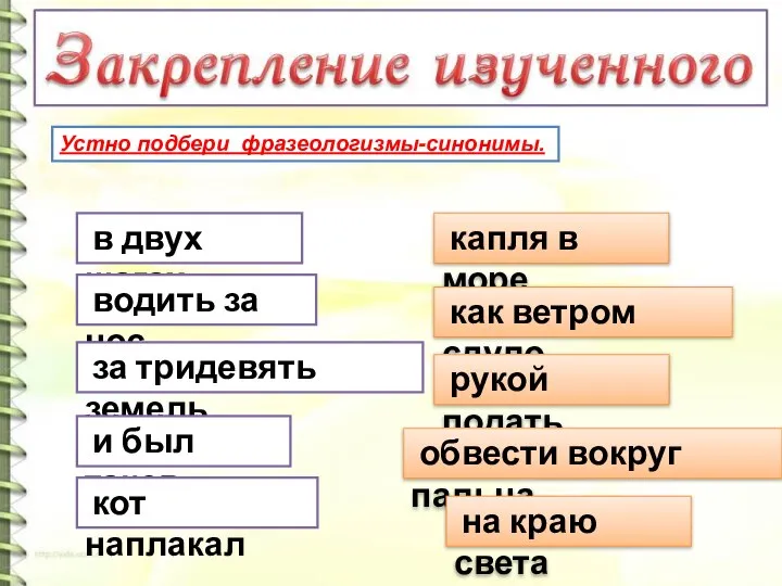 Устно подбери фразеологизмы-синонимы. в двух шагах водить за нос за тридевять земель