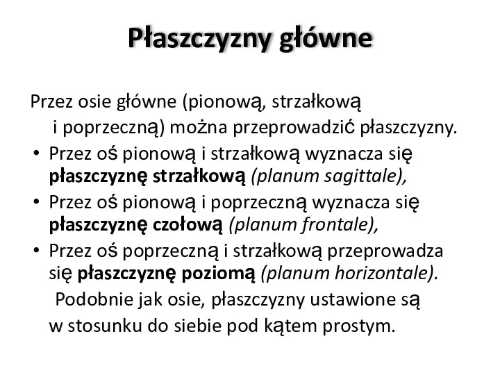 Płaszczyzny główne Przez osie główne (pionową, strzałkową i poprzeczną) można przeprowadzić płaszczyzny.