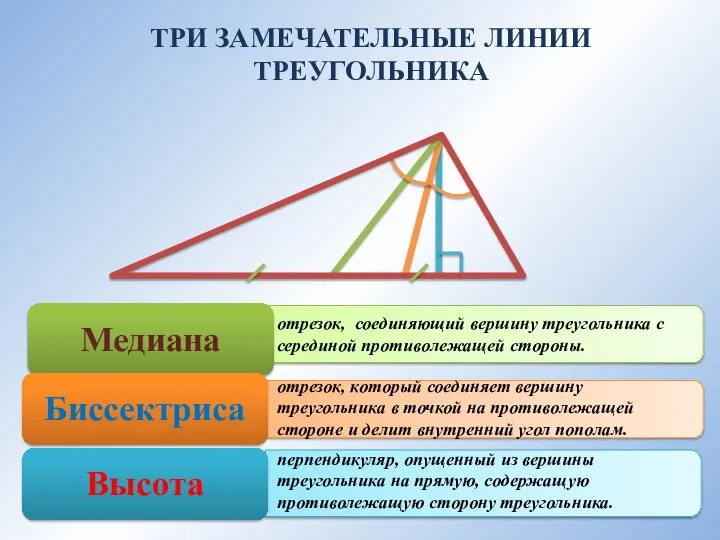 отрезок, соединяющий вершину треугольника с серединой противолежащей стороны. отрезок, который соединяет вершину