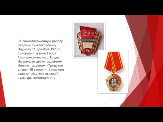 За самоотверженную работу Владимиру Алексеевичу Наумову 11 декабря 1973 г. присвоено звание