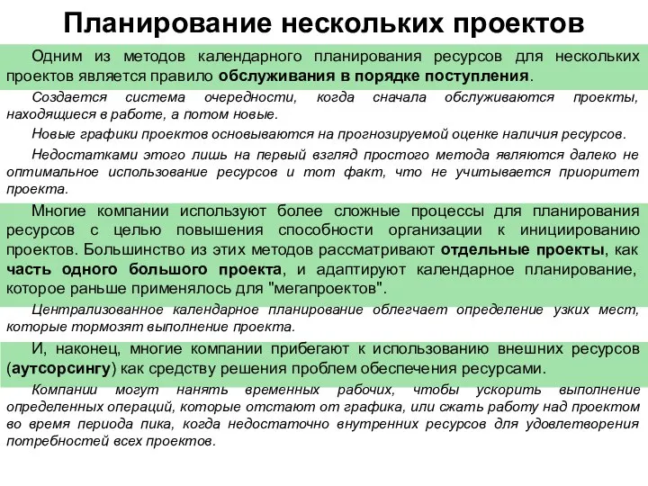 Планирование нескольких проектов Одним из методов календарного планирования ресурсов для нескольких проектов