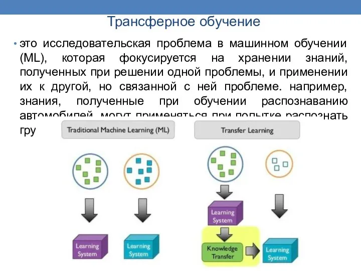 Трансферное обучение это исследовательская проблема в машинном обучении (ML), которая фокусируется на