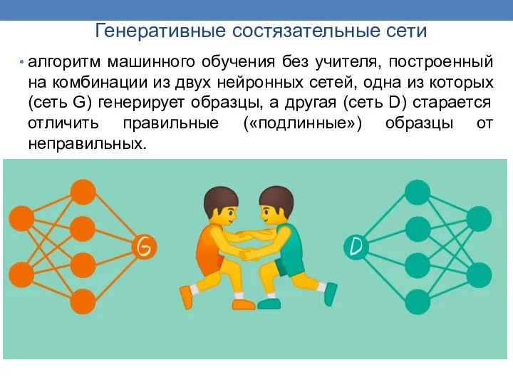 Генеративные состязательные сети алгоритм машинного обучения без учителя, построенный на комбинации из