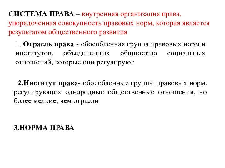 СИСТЕМА ПРАВА – внутренняя организация права, упорядоченная совокупность правовых норм, которая является