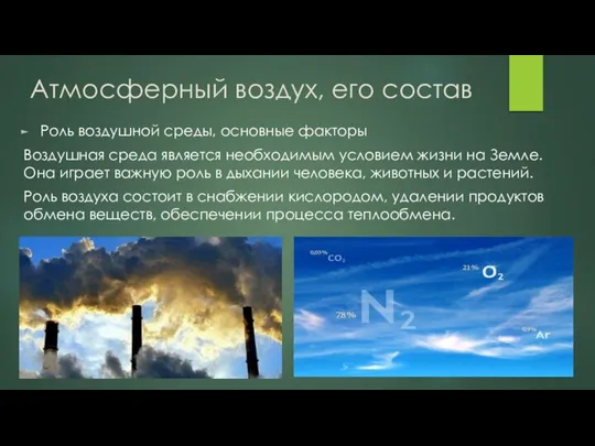 Атмосферный воздух, его состав Роль воздушной среды, основные факторы Воздушная среда является