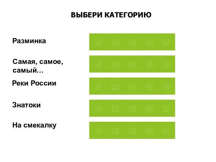 Разминка Реки России Самая, самое, самый… Знатоки На смекалку 10 20 50