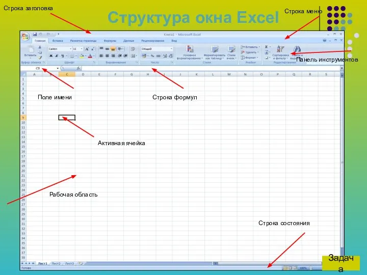 Структура окна Excel Строка заголовка Строка меню Панель инструментов Строка формул Поле