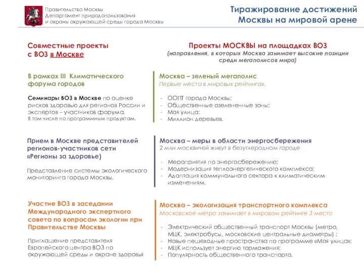 Правительство Москвы Департамент природопользования и охраны окружающей среды города Москвы Тиражирование достижений