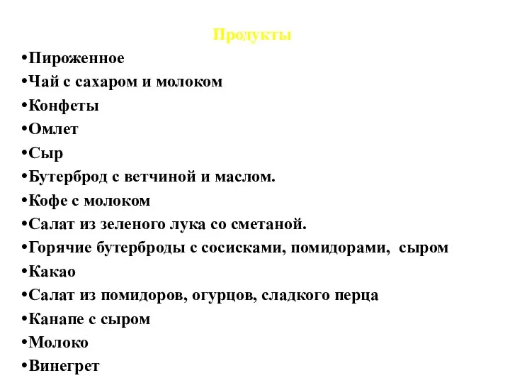 Продукты Пироженное Чай с сахаром и молоком Конфеты Омлет Сыр Бутерброд с