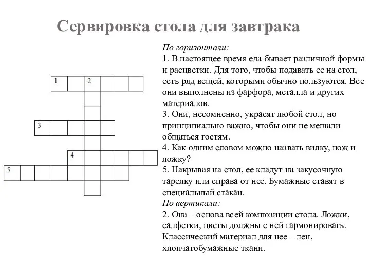 Сервировка стола для завтрака По горизонтали: 1. В настоящее время еда бывает