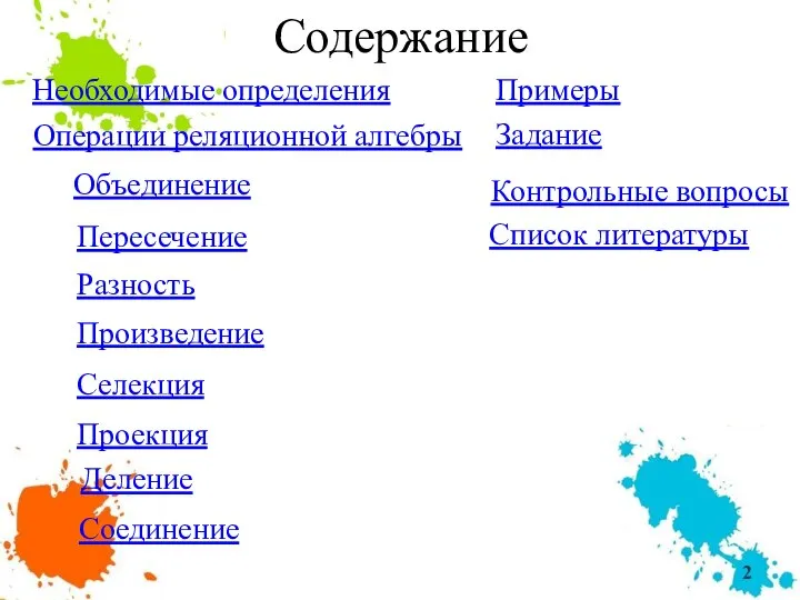 Содержание Необходимые определения Операции реляционной алгебры Объединение Задание Примеры Пересечение Разность Произведение