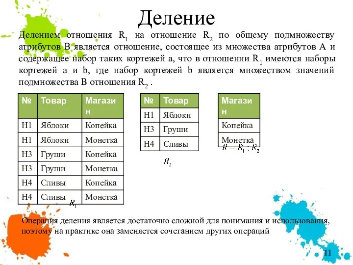 Деление Делением отношения R1 на отношение R2 по общему подмножеству атрибутов В