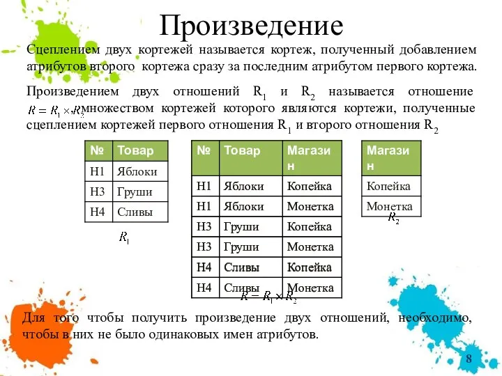 Произведение Сцеплением двух кортежей называется кортеж, полученный добавлением атрибутов второго кортежа сразу