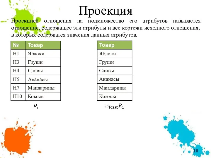 Проекция Проекцией отношения на подмножество его атрибутов называется отношение, содержащее эти атрибуты