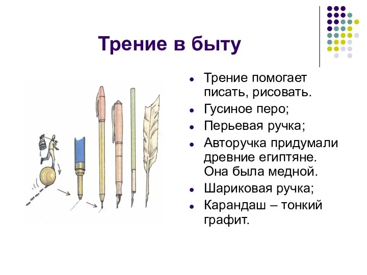 Трение в быту Трение помогает писать, рисовать. Гусиное перо; Перьевая ручка; Авторучка