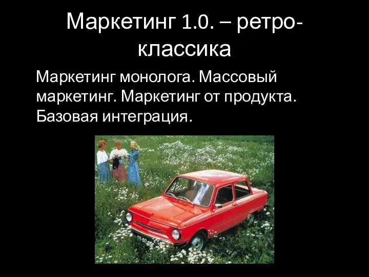 Маркетинг 1.0. – ретро-классика Маркетинг монолога. Массовый маркетинг. Маркетинг от продукта. Базовая интеграция.