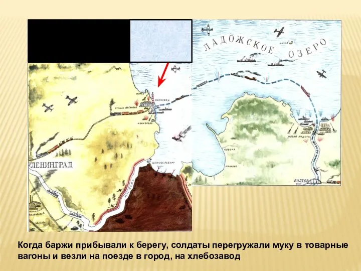 Когда баржи прибывали к берегу, солдаты перегружали муку в товарные вагоны и