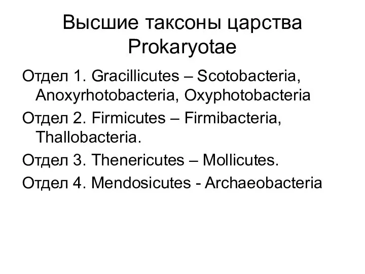 Высшие таксоны царства Prokaryotae Отдел 1. Gracillicutes – Scotobacteria, Anoxyrhotobacteria, Oxyphotobacteria Отдел