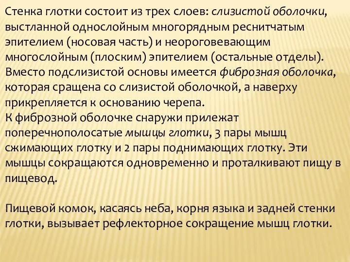 Стенка глотки состоит из трех слоев: слизистой оболочки, выстланной однослойным многорядным реснитчатым